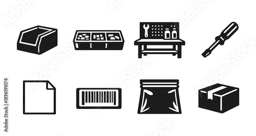 Black and white icons: toolbox, barcode, package, tools, and storage
