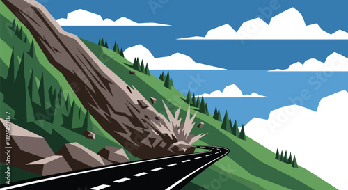 Modern vector illustration of landslide blocking mountain roads with emergency crews on site, showing disaster response, infrastructure safety, and risk management