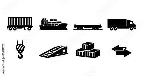 Transportation and logistics icons: ship, truck, train, crane, ramp, containers, arrows