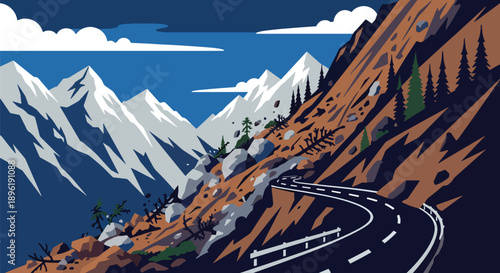 Modern vector illustration of landslide blocking mountain roads with emergency crews on site, showing disaster response, infrastructure safety, and risk management
