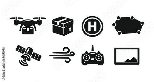 Drone logistics icons: delivery, navigation, controller, satellite