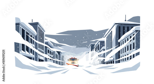 Modern vector illustration of blizzard covering city streets with emergency vehicles and shelters, highlighting winter disaster preparedness and public safety