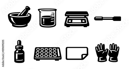 Lab equipment icons: mortar, beaker, scale, pipette, dropper, microplate, paper, gloves