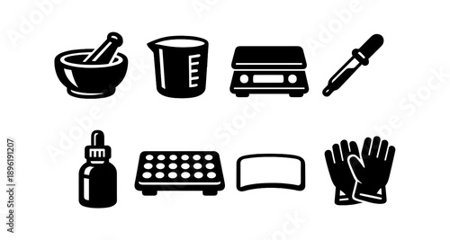 Chemistry icons: mortar, beaker, scale, dropper, vial, well plate, slide, gloves