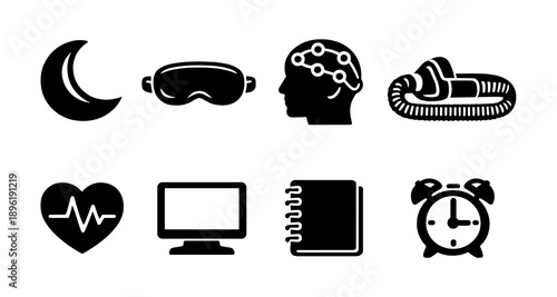 Sleep and health icons: moon, eye mask, brain, cpap, heartbeat, computer, notebook, clock