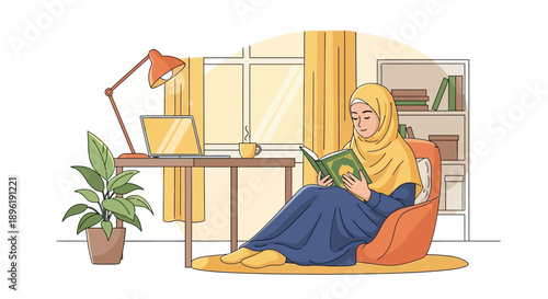 Muslim woman reading Quran in comfortable home setting