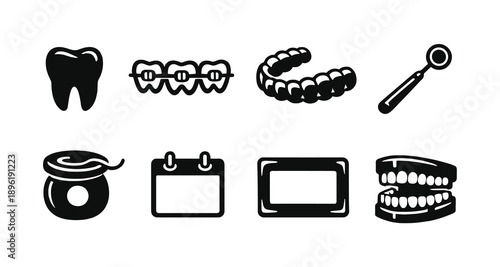 Black and white dental icons: tooth, braces, aligners, dental tools, floss, calendar, toothpaste, dentures