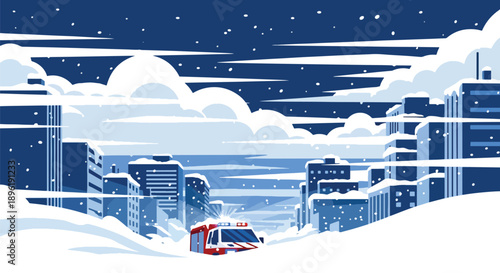Modern vector illustration of blizzard covering city streets with emergency vehicles and shelters, highlighting winter disaster preparedness and public safety