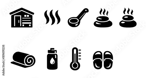 Icons of sauna elements: steam, stones, thermometer, slippers, towel, water bottle