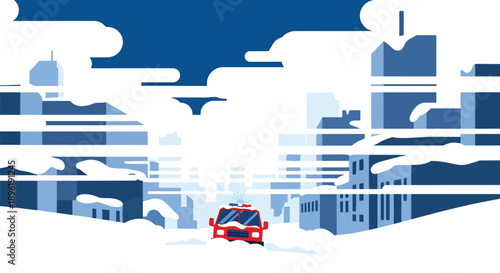 Modern vector illustration of blizzard covering city streets with emergency vehicles and shelters, highlighting winter disaster preparedness and public safety