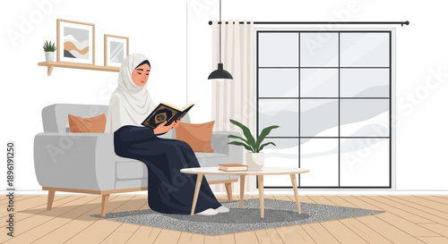 Muslim Woman Reading Quran in Cozy Living Room