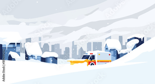 Modern vector illustration of blizzard covering city streets with emergency vehicles and shelters, highlighting winter disaster preparedness and public safety