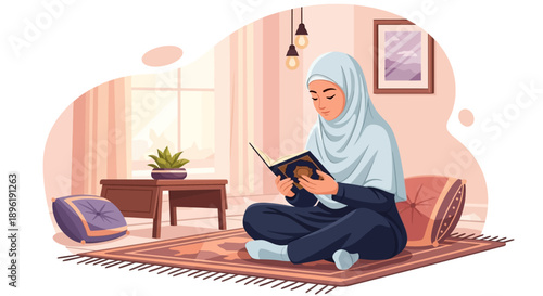 Muslim Woman Reading Quran in Hijab, Sitting on Floor at Home