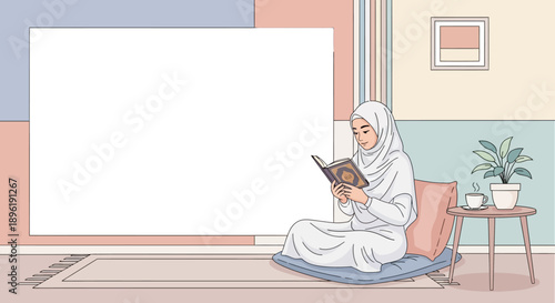 Muslim Woman Reading Quran in Hijab, Peaceful Home Interior, Copy Space
