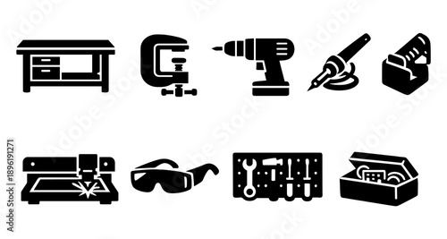 Silhouette icons of workshop tools and equipment for diy projects