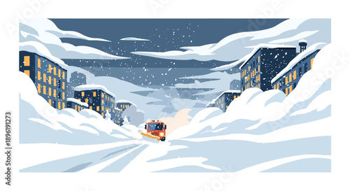 Modern vector illustration of blizzard covering city streets with emergency vehicles and shelters, highlighting winter disaster preparedness and public safety