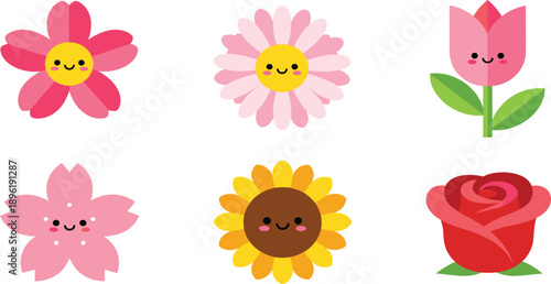 Cute Flower Cartoon Illustration Set with Tulip Rose Daisy and Sunflower Isolated on White Background