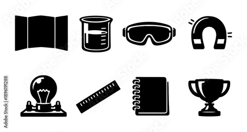 Educational science icons: map, beaker, goggles, magnet, light bulb, ruler, notebook, trophy