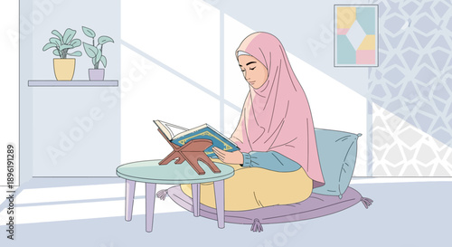 Muslim Woman Reading Quran in Hijab, Peaceful Home Worship and Spirituality