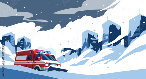 Modern vector illustration of blizzard covering city streets with emergency vehicles and shelters, highlighting winter disaster preparedness and public safety