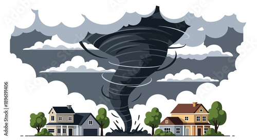 Modern vector illustration of tornado approaching suburban houses with warning systems and evacuation plans, emphasizing severe weather safety and preparedness