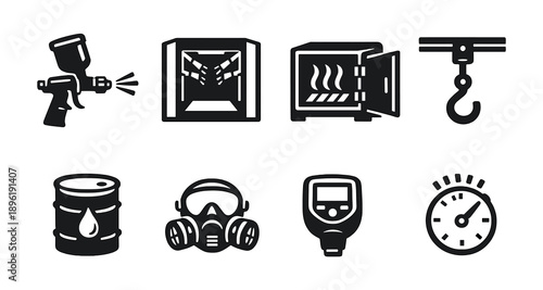 Industrial equipment icons: paint, mask, oven, hook, oil, timer, measure, gas mask