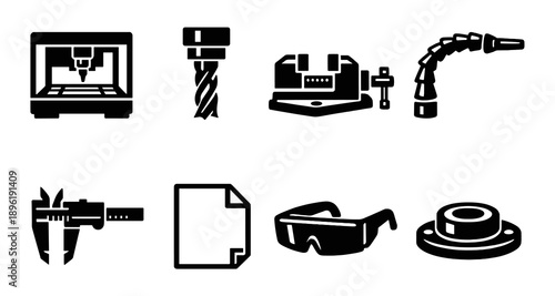 Black and white icons of industrial tools and equipment for manufacturing and design