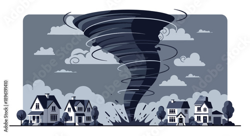 Modern vector illustration of tornado approaching suburban houses with warning systems and evacuation plans, emphasizing severe weather safety and preparedness