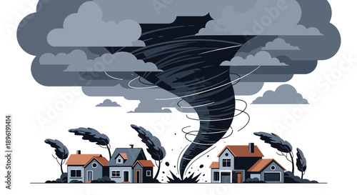 Modern vector illustration of tornado approaching suburban houses with warning systems and evacuation plans, emphasizing severe weather safety and preparedness