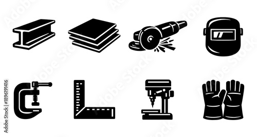 Metalworking tools icons: i-beam, steel, grinder, welding helmet, clamp, square, drill press, gloves