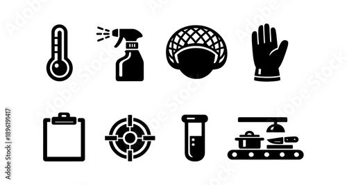 Safety and industrial equipment icons set with thermometer, spray, mask, gloves, and more