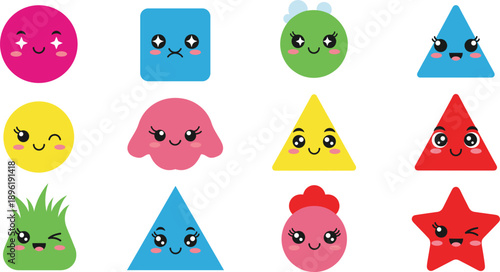 Cute Geometric Shape Face Illustration Set with Colorful Cartoon Characters Isolated on White Background