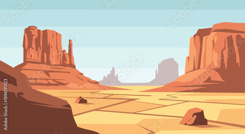 Desert landscape with rocky formations and dry terrain.