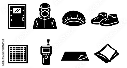 Safety equipment and tools: helmet, door, shoe covers, grate, detector, pads