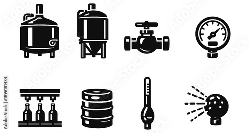 Black silhouette icons of brewery and equipment elements for beer production