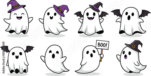 Cute Halloween Ghost Cartoon Illustration Set with Witch Hat and Bat Wings Isolated on White Background