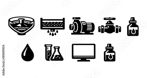 Water treatment icons: filtration, pump, valve, dropper, lab equipment, computer monitor
