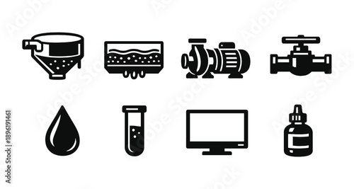 Industrial equipment icons: filter, pump, valve, drop, test tube, monitor, bottle