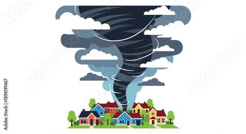 Modern vector illustration of tornado approaching suburban houses with warning systems and evacuation plans, emphasizing severe weather safety and preparedness