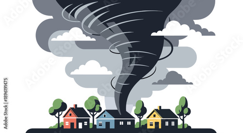 Modern vector illustration of tornado approaching suburban houses with warning systems and evacuation plans, emphasizing severe weather safety and preparedness