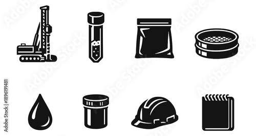 Set of industrial and scientific icons including drill, flask, bag, sieve, droplet, jar, hard hat, notebook
