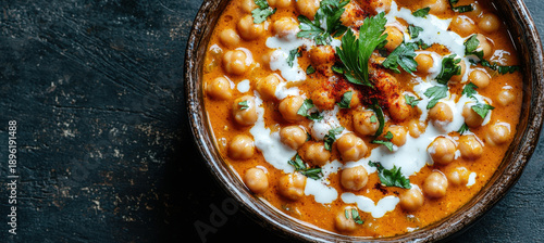 vibrant organic curry with chickpeas, coconut milk, and spices, garnished with herbs