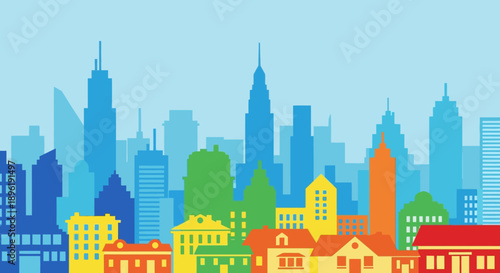 Vibrant cityscape with colorful buildings and skyscrapers illustration.