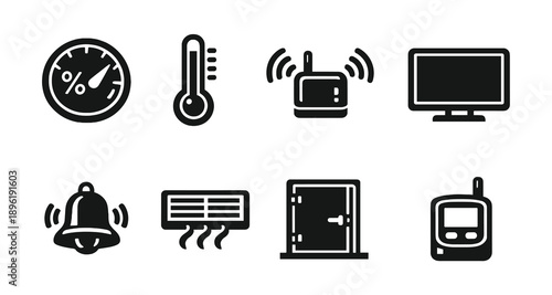 Smart home icon set: thermometer, router, tv, bell, air conditioning, safe