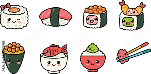 Cute Kawaii Sushi and Japanese Food Illustration Set Featuring Smiling Rolls, Nigiri, Rice Bowls and Chopsticks