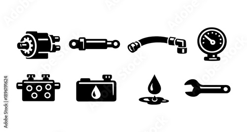 Set of hydraulic and mechanical tool icons for industrial applications
