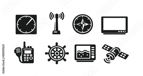 Navigation and communication icons: compass, satellite, radar, steering wheel, gps, screen