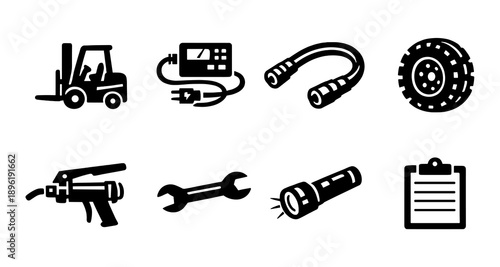 Forklift, charger, jumper cables, tire, caulk gun, wrench, flashlight, clipboard icons