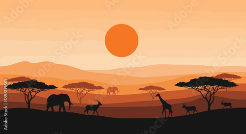 Serene African savannah landscape with animals at sunset.