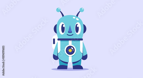 Cartoon robot character with antennae and digital display on chest.
